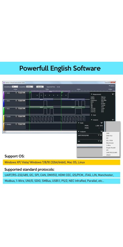 LA1010 USB Logic Analyzer 16 Input Channels 100MHz with The English PC Software Handheld Instrument,Support Windows (32bit/64bit),Mac OS,Linux