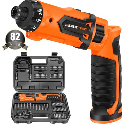 Cordless Screwdriver, 8V Max 10Nm Electric Screwdriver Rechargeable Set with 82 Accessory Kit and Charger in Carrying Case, 21+1 Cluth, Dual Position Handle, LED Light, ET-CS-8