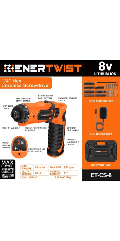 Cordless Screwdriver, 8V Max 10Nm Electric Screwdriver Rechargeable Set with 82 Accessory Kit and Charger in Carrying Case, 21+1 Cluth, Dual Position Handle, LED Light, ET-CS-8