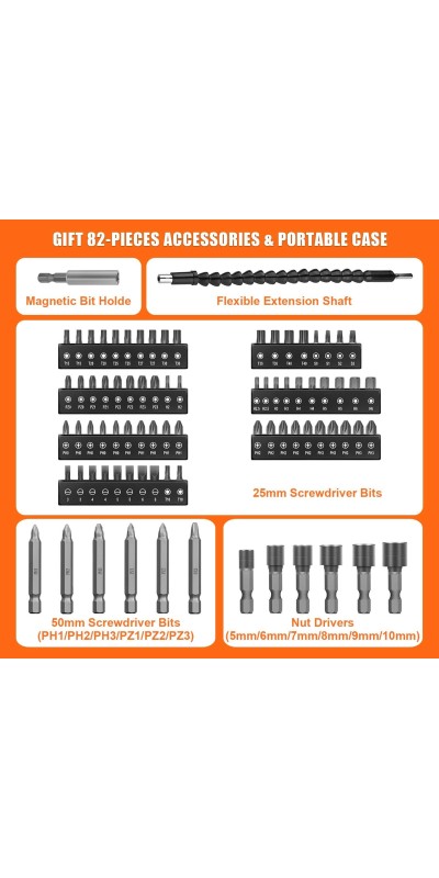 Cordless Screwdriver, 8V Max 10Nm Electric Screwdriver Rechargeable Set with 82 Accessory Kit and Charger in Carrying Case, 21+1 Cluth, Dual Position Handle, LED Light, ET-CS-8