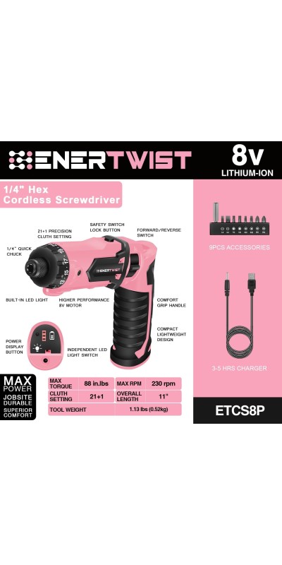 Cordless Screwdriver, 8V Max 10Nm Electric Screwdriver Rechargeable Set with 82 Accessory Kit and Charger in Carrying Case, 21+1 Cluth, Dual Position Handle, LED Light, ET-CS-8
