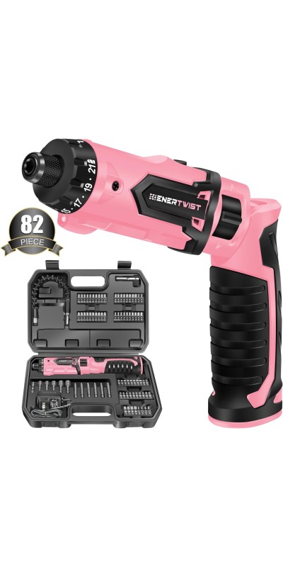 Cordless Screwdriver, 8V Max 10Nm Electric Screwdriver Rechargeable Set with 82 Accessory Kit and Charger in Carrying Case, 21+1 Cluth, Dual Position Handle, LED Light, ET-CS-8