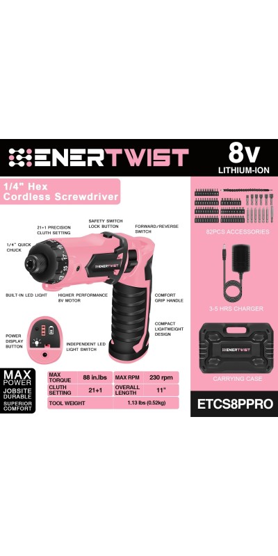 Cordless Screwdriver, 8V Max 10Nm Electric Screwdriver Rechargeable Set with 82 Accessory Kit and Charger in Carrying Case, 21+1 Cluth, Dual Position Handle, LED Light, ET-CS-8