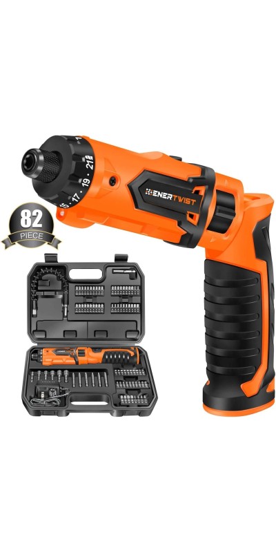 Cordless Screwdriver, 8V Max 10Nm Electric Screwdriver Rechargeable Set with 82 Accessory Kit and Charger in Carrying Case, 21+1 Cluth, Dual Position Handle, LED Light, ET-CS-8