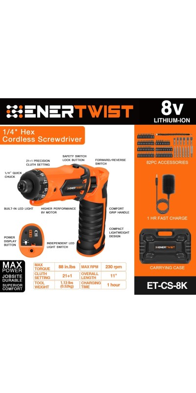 Cordless Screwdriver, 8V Max 10Nm Electric Screwdriver Rechargeable Set with 82 Accessory Kit and Charger in Carrying Case, 21+1 Cluth, Dual Position Handle, LED Light, ET-CS-8