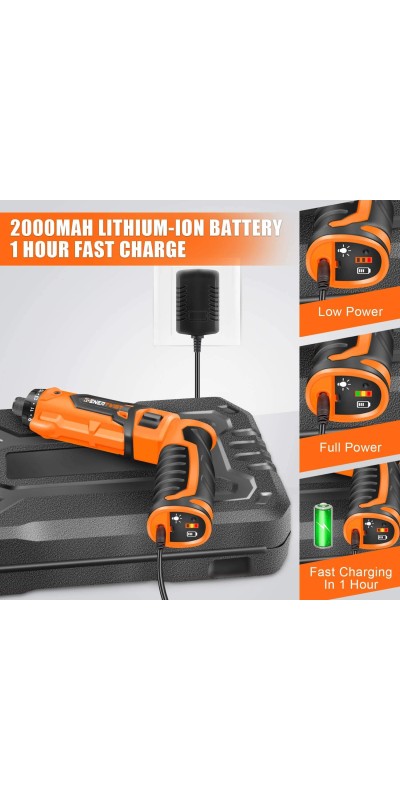 Cordless Screwdriver, 8V Max 10Nm Electric Screwdriver Rechargeable Set with 82 Accessory Kit and Charger in Carrying Case, 21+1 Cluth, Dual Position Handle, LED Light, ET-CS-8