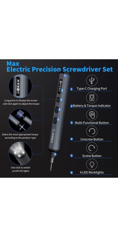 Mini Electric Screwdriver Set, 70 in 1 Small Electric Screwdriver Cordless - 64 S2 Preicison Bits, 5 Torque Settings, 4 LED Lights, Mini Power Screwdriver Repair Tool Kit for PC RC Electronic