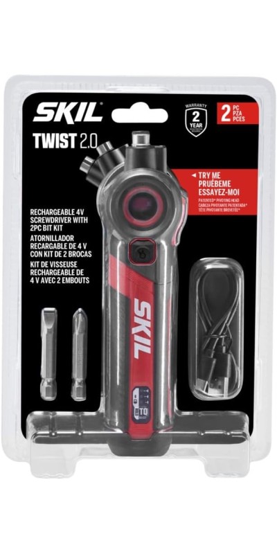Twist 2.0 Rechargeable 4V Screwdriver with Pivoting Head, Torque Setting, USB-C Charging Cable & 2PC Bit Set-SD5619-01