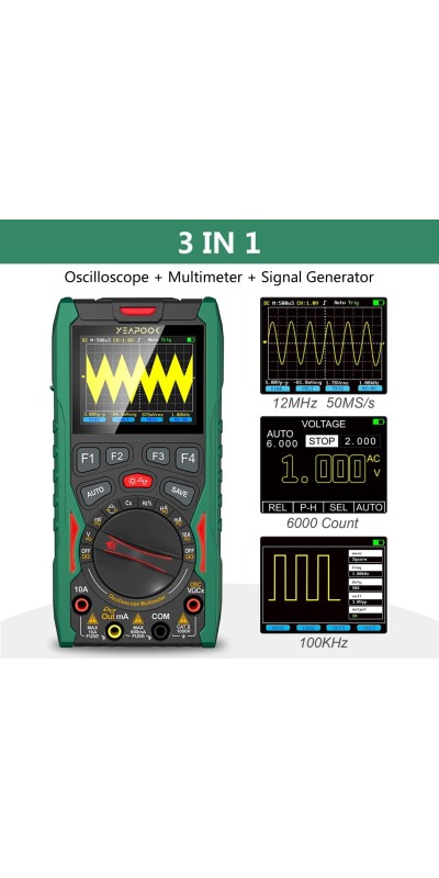 3 in 1 Handheld Digital Oscilloscope Multimeter Portable Oscilloscopes, 12MHz Bandwidth, 50MSa/s Sampling Rate with Multimeter and Signal Generator (YP101A)