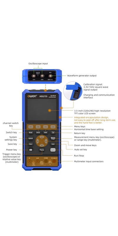 2 Channels, 70MHz Bandwidth, 250MSa/s Sampling Rate, 20000 Counts, 3 in 1 Portable Digital Automotive Oscilloscope, Voltage, Current, Capacitor HDS272S
