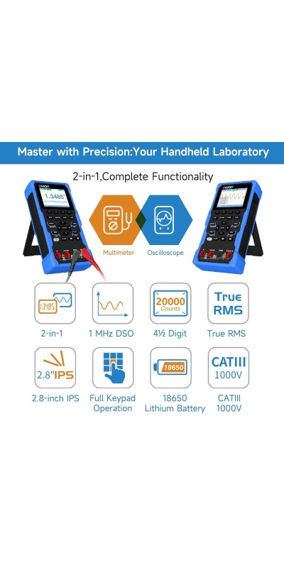 2 Channels, 70MHz Bandwidth, 250MSa/s Sampling Rate, 20000 Counts, 3 in 1 Portable Digital Automotive Oscilloscope, Voltage, Current, Capacitor HDS272S