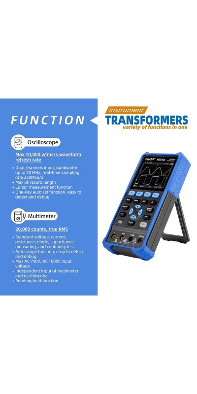 2 Channels, 70MHz Bandwidth, 250MSa/s Sampling Rate, 20000 Counts, 3 in 1 Portable Digital Automotive Oscilloscope, Voltage, Current, Capacitor HDS272S