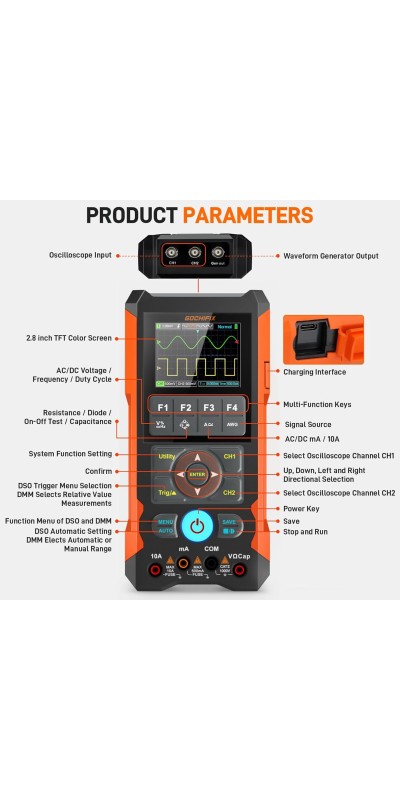 Oscilloscope Multimeter, GOCHIFIX 2 in 1 Portable Digital Oscilloscope Multimeter 10Mhz Bandwidth, 50MSa/s Sampling Rate, 6000 Counts, Automotive Multimeter Oscilloscope