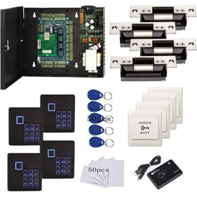4 Doors Complete TCP/IP PIN Code RFID Card/Fob Access Control Systems with North American Standard Electric Strike for Latch Doors Keypad Reader 110V Power Supply APP Remote Open Door