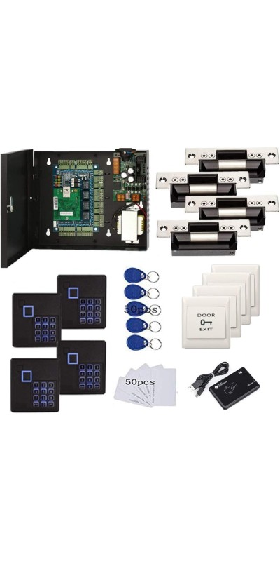 4 Doors Complete TCP/IP PIN Code RFID Card/Fob Access Control Systems with North American Standard Electric Strike for Latch Doors Keypad Reader 110V Power Supply APP Remote Open Door