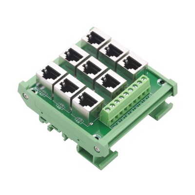 RJ45 8P8C 9-Way DIN Rail Mount Ethernet Connector Distribution Breakout Buss Board, RJ45 Vertical Jack Terminal Module