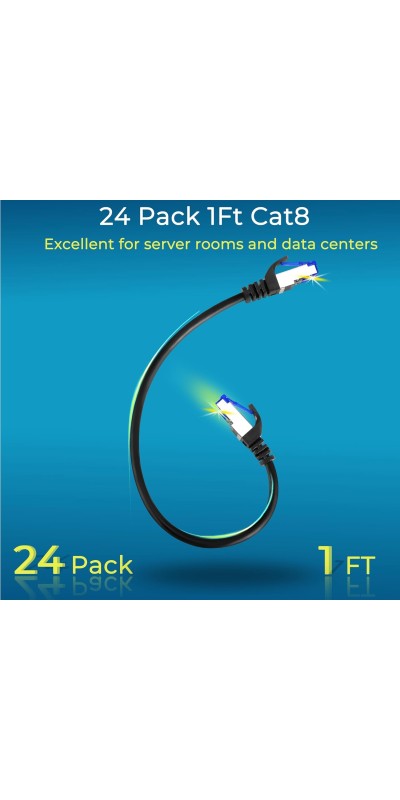 Patch Cables Cat8 1ft 24 Pack Slim, Cat8 Ethernet Patch Cable 40G Support, Snagless Cat 8 Patch Cable for Patch Panel to Switch, Flexiable Cat 8 Ethernet Cable Datacenter with Gold Plated