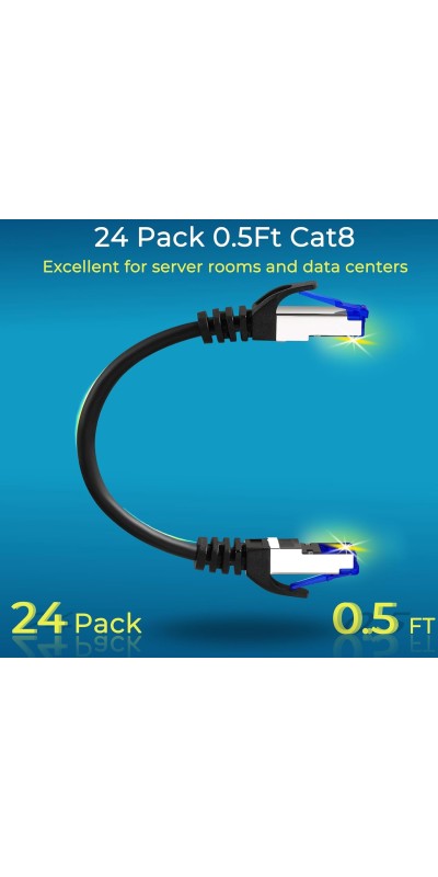 Patch Cables Cat8 1ft 24 Pack Slim, Cat8 Ethernet Patch Cable 40G Support, Snagless Cat 8 Patch Cable for Patch Panel to Switch, Flexiable Cat 8 Ethernet Cable Datacenter with Gold Plated