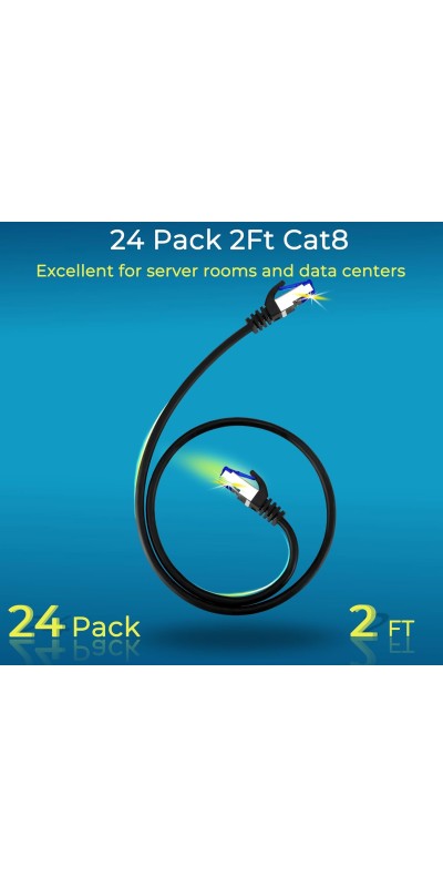 Patch Cables Cat8 1ft 24 Pack Slim, Cat8 Ethernet Patch Cable 40G Support, Snagless Cat 8 Patch Cable for Patch Panel to Switch, Flexiable Cat 8 Ethernet Cable Datacenter with Gold Plated