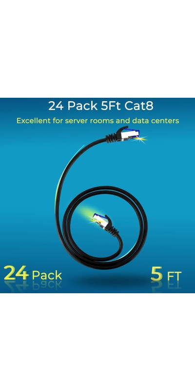 Patch Cables Cat8 1ft 24 Pack Slim, Cat8 Ethernet Patch Cable 40G Support, Snagless Cat 8 Patch Cable for Patch Panel to Switch, Flexiable Cat 8 Ethernet Cable Datacenter with Gold Plated
