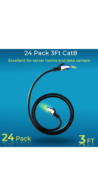Patch Cables Cat8 1ft 24 Pack Slim, Cat8 Ethernet Patch Cable 40G Support, Snagless Cat 8 Patch Cable for Patch Panel to Switch, Flexiable Cat 8 Ethernet Cable Datacenter with Gold Plated