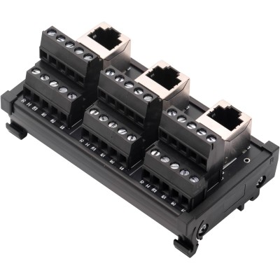 RJ45 8P8C DIN Rail Mount Ethernet Connector Distribution Breakout Board, Three Way RJ45 Vertical Jack Terminal Block Connector with 120Ohm Terminal Resistor