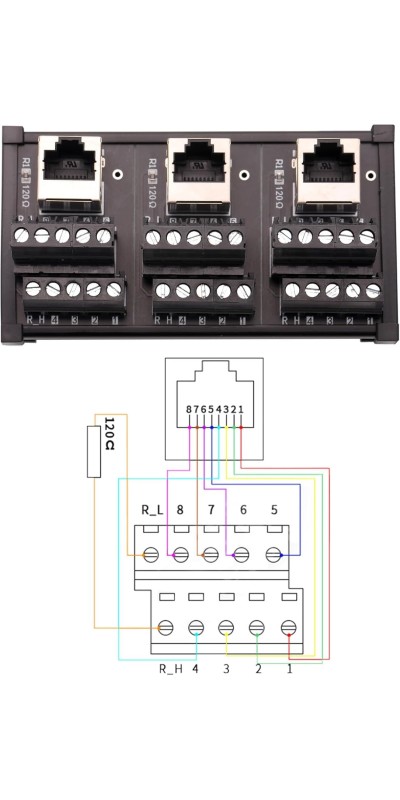 RJ45 8P8C DIN Rail Mount Ethernet Connector Distribution Breakout Board, Three Way RJ45 Vertical Jack Terminal Block Connector with 120Ohm Terminal Resistor