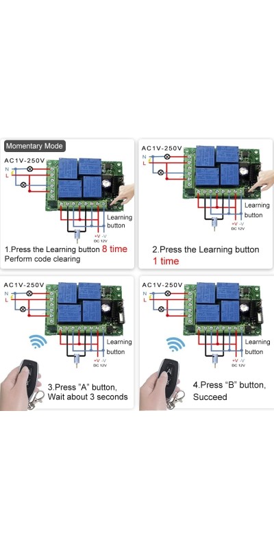 QIACHIP Universal 12V 4CH Wireless Relay Remote Module Switch RF 433Mhz with Remote Control Key Fob 2 Transmitters 1 Receiver for Light Garage Door Electric Gate,Momentary Toggle Latched(KR1204)
