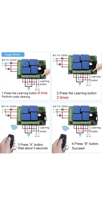 QIACHIP Universal 12V 4CH Wireless Relay Remote Module Switch RF 433Mhz with Remote Control Key Fob 2 Transmitters 1 Receiver for Light Garage Door Electric Gate,Momentary Toggle Latched(KR1204)