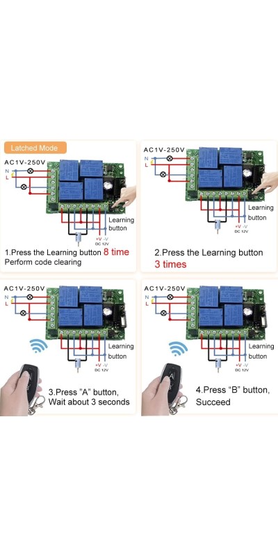 QIACHIP Universal 12V 4CH Wireless Relay Remote Module Switch RF 433Mhz with Remote Control Key Fob 2 Transmitters 1 Receiver for Light Garage Door Electric Gate,Momentary Toggle Latched(KR1204)
