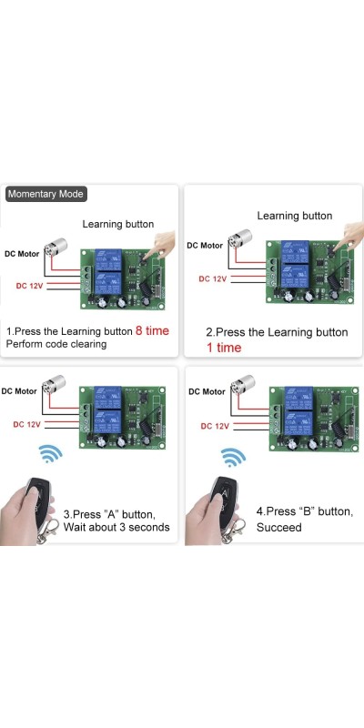QIACHIP Universal 12V 4CH Wireless Relay Remote Module Switch RF 433Mhz with Remote Control Key Fob 2 Transmitters 1 Receiver for Light Garage Door Electric Gate,Momentary Toggle Latched(KR1204)