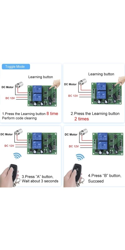 QIACHIP Universal 12V 4CH Wireless Relay Remote Module Switch RF 433Mhz with Remote Control Key Fob 2 Transmitters 1 Receiver for Light Garage Door Electric Gate,Momentary Toggle Latched(KR1204)