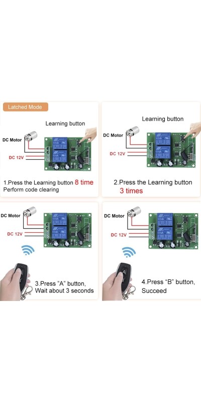QIACHIP Universal 12V 4CH Wireless Relay Remote Module Switch RF 433Mhz with Remote Control Key Fob 2 Transmitters 1 Receiver for Light Garage Door Electric Gate,Momentary Toggle Latched(KR1204)
