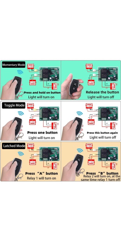 QIACHIP Universal 12V 4CH Wireless Relay Remote Module Switch RF 433Mhz with Remote Control Key Fob 2 Transmitters 1 Receiver for Light Garage Door Electric Gate,Momentary Toggle Latched(KR1204)