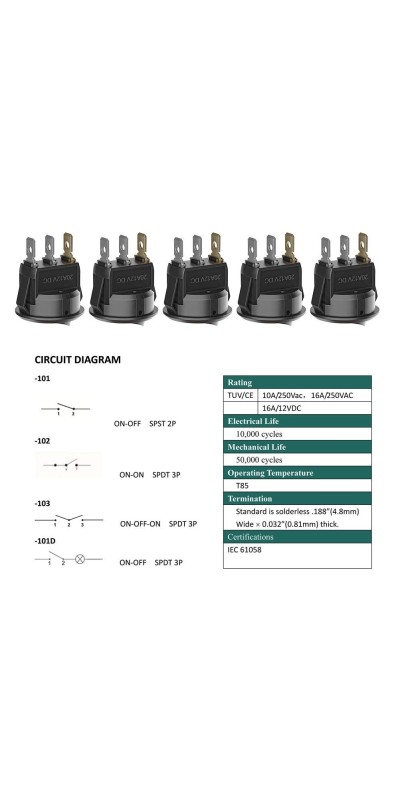 5pcs Rocker Switch, Circuit Switch 2 Pin Snap-in On/Off Position Snap Boat Rocker Switch 12V/110V/250V OT8G