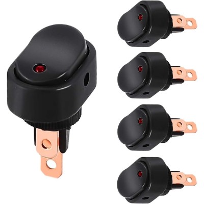 5PCS 12V Oval Shaped Rocker Switch, Weatherproof LED Rocker Toggle Switch, 12mm Hole LED Lighted Illuminated ON Off, 30A SPST 3 Pin Switch for Car Truck RV Marine Boat (Red)