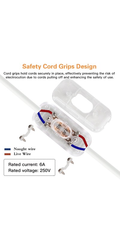 Inline Switch 2 Pcs, Clear Lamp Cord Button in Line Switch, Rated 6A 250V ON Off Electrical Wire Appliance Rocker Switches, Repair Replacement Control Power Cable Plug Desk Table Light Parts