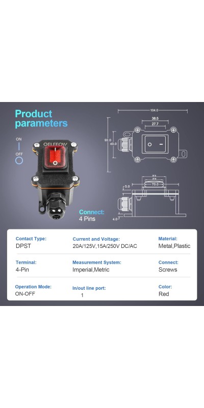 Waterproof On Off Toggle Switch Double Switch/Outlet with Red Light Rocker Button Inline Cord Switch DPST AC/DC 20A-125V,16A-250V,30A-24V,35A-12V, IP66