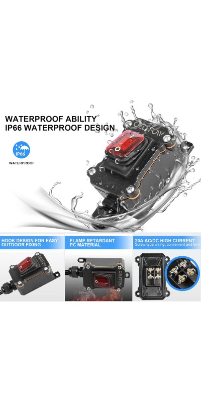 Waterproof On Off Toggle Switch Double Switch/Outlet with Red Light Rocker Button Inline Cord Switch DPST AC/DC 20A-125V,16A-250V,30A-24V,35A-12V, IP66