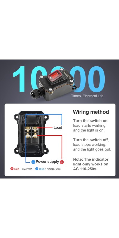 Waterproof On Off Toggle Switch Double Switch/Outlet with Red Light Rocker Button Inline Cord Switch DPST AC/DC 20A-125V,16A-250V,30A-24V,35A-12V, IP66