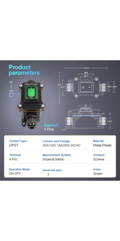Waterproof On Off Toggle Switch Double Switch/Outlet with Red Light Rocker Button Inline Cord Switch DPST AC/DC 20A-125V,16A-250V,30A-24V,35A-12V, IP66