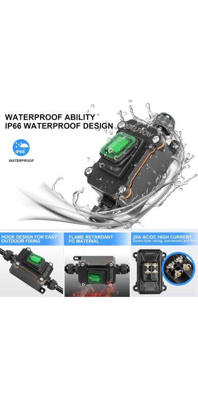 Waterproof On Off Toggle Switch Double Switch/Outlet with Red Light Rocker Button Inline Cord Switch DPST AC/DC 20A-125V,16A-250V,30A-24V,35A-12V, IP66