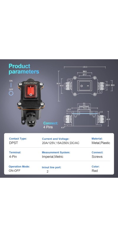 Waterproof On Off Toggle Switch Double Switch/Outlet with Red Light Rocker Button Inline Cord Switch DPST AC/DC 20A-125V,16A-250V,30A-24V,35A-12V, IP66