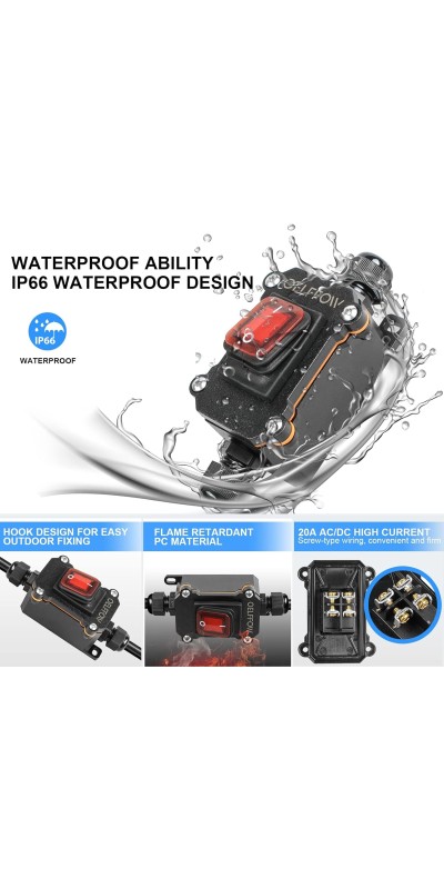 Waterproof On Off Toggle Switch Double Switch/Outlet with Red Light Rocker Button Inline Cord Switch DPST AC/DC 20A-125V,16A-250V,30A-24V,35A-12V, IP66