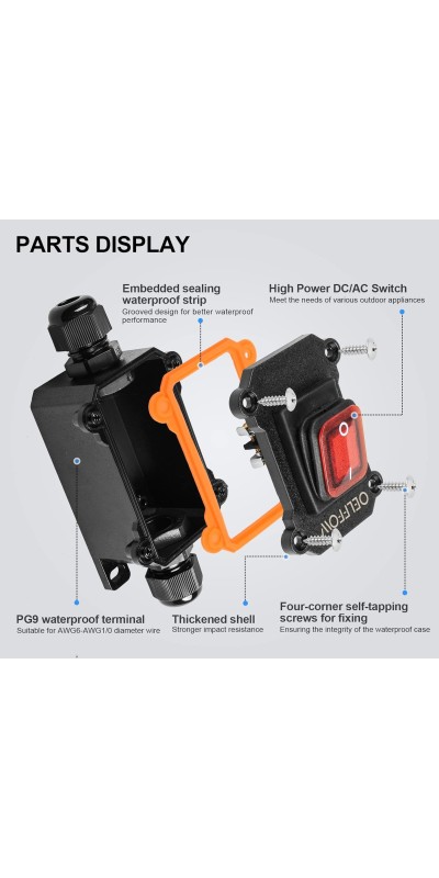 Waterproof On Off Toggle Switch Double Switch/Outlet with Red Light Rocker Button Inline Cord Switch DPST AC/DC 20A-125V,16A-250V,30A-24V,35A-12V, IP66