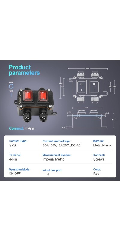 Waterproof On Off Toggle Switch Double Switch/Outlet with Red Light Rocker Button Inline Cord Switch DPST AC/DC 20A-125V,16A-250V,30A-24V,35A-12V, IP66