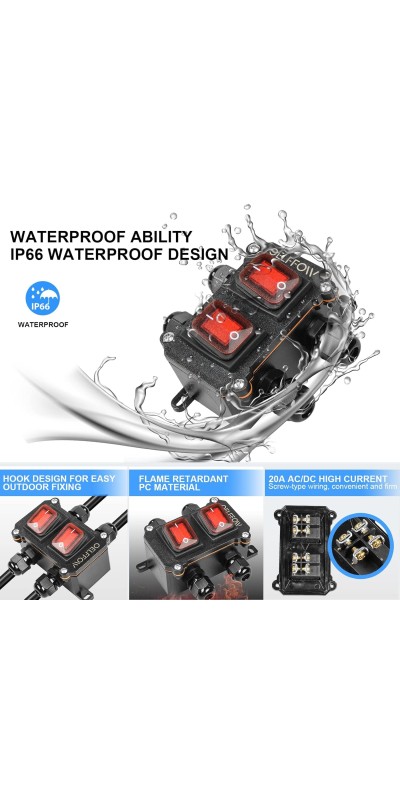 Waterproof On Off Toggle Switch Double Switch/Outlet with Red Light Rocker Button Inline Cord Switch DPST AC/DC 20A-125V,16A-250V,30A-24V,35A-12V, IP66