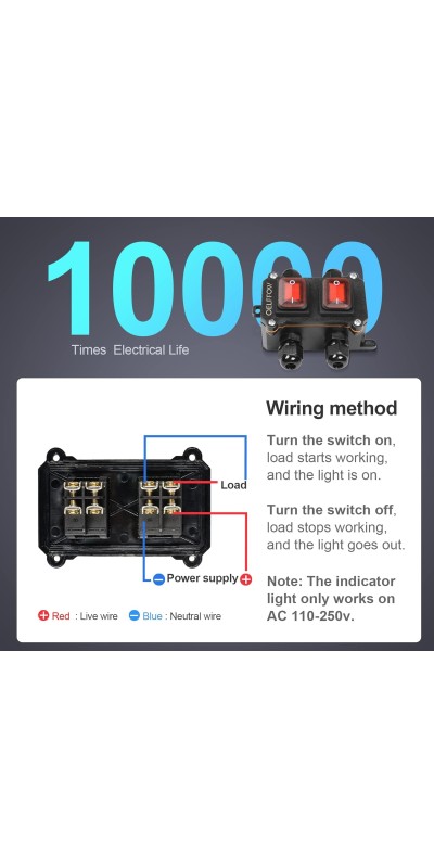 Waterproof On Off Toggle Switch Double Switch/Outlet with Red Light Rocker Button Inline Cord Switch DPST AC/DC 20A-125V,16A-250V,30A-24V,35A-12V, IP66