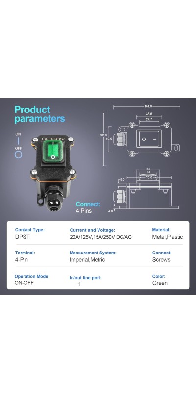 Waterproof On Off Toggle Switch Double Switch/Outlet with Red Light Rocker Button Inline Cord Switch DPST AC/DC 20A-125V,16A-250V,30A-24V,35A-12V, IP66