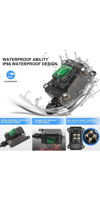 Waterproof On Off Toggle Switch Double Switch/Outlet with Red Light Rocker Button Inline Cord Switch DPST AC/DC 20A-125V,16A-250V,30A-24V,35A-12V, IP66